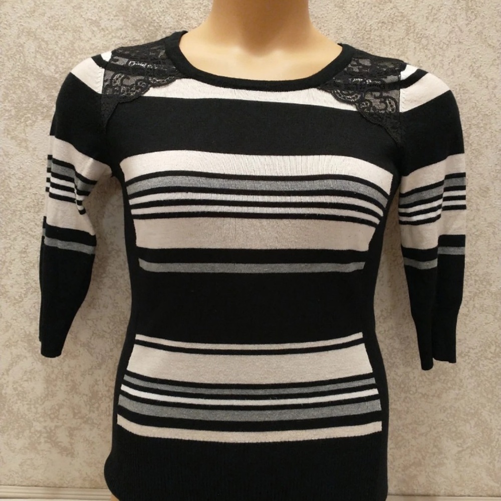 BCX Monochrome Striped Sweater with Lace Shoulders